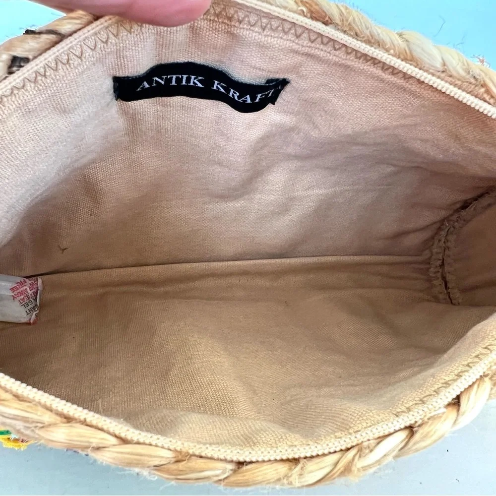 ANTIK KRAFT Beige Woven Jute Raffia Multicolor Braided Strip Fabrics Clutch NWT